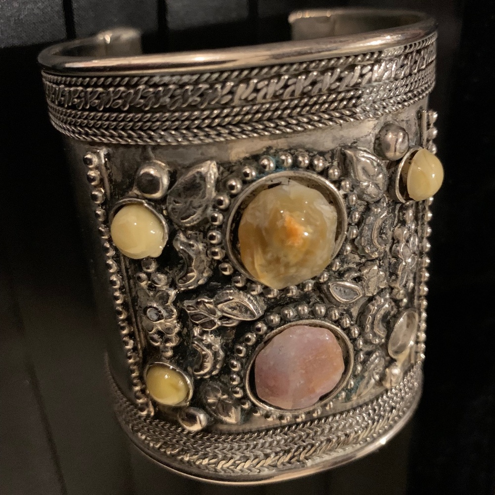 Vintage Handmade Thick Cuff Solid Silver With Gem… - image 2